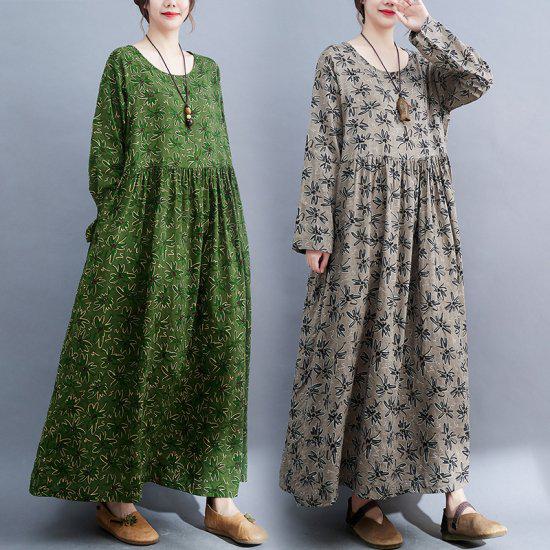 Rakuten - 【取寄】ワンピース レディース ロング丈 春秋 ラウンドネック 長袖 ゆったり 体型カバー 可愛い マキシ丈 レトロ オーバーシルエット フェミニン ガーリー おしゃれ 大人女子 きれいめ カジュアル デイリー お出かけ 韓国 通勤 通学 デート 女子会 買い物 グリーン グレー