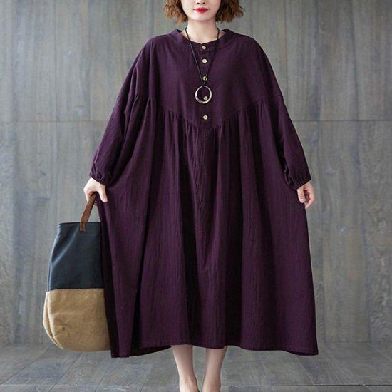 Rakuten - 【取寄】ロングワンピース 長袖 秋 ロング 無地 シンプル パープル ブルー ナチュラル レディース ワンピース マタニティワンピース ボタン ビッグシルエット オーバーサイズ ロング丈 マキシ丈 カジュアル 大人カジュアル 体型カバー ゆったり ルーズシルエット マタニティ