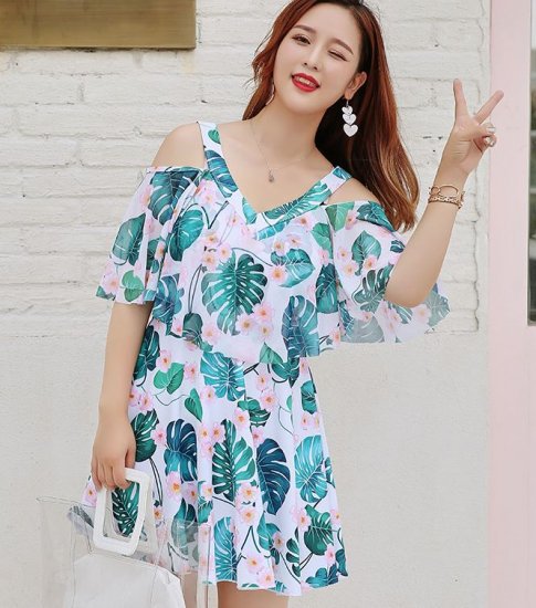 【取寄】水着 ワンピース 体型カバー ワンピース水着 オールインワン 水着 ワンピース 40代 大きいサイズ 5XL 水着 レディース ママ 可愛い 夏 新作 ボタニカル柄 オフショル フレアスカート 水着