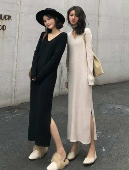 【取寄】ニットワンピース ニットワンピ レディース Vネック 長袖 サイドスリット ロング ワンピース ワンピ 大きいサイズ シンプル 秋冬新作 秋 秋色 秋服 秋sale ニットワンピース ニットワンピ