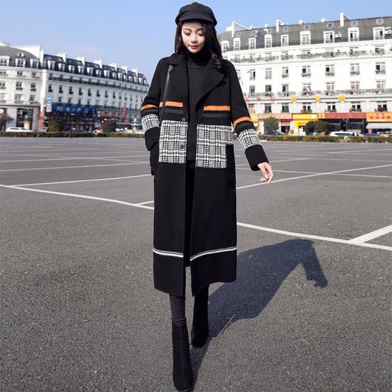 【取寄】ロングコート ロングジャケット レディース アウター ボーダーライン パッチ デザイン コート ジャケット 大きいサイズ 秋冬新作 秋冬 秋色 秋服 秋冬sale ロングコート ロングジャケット