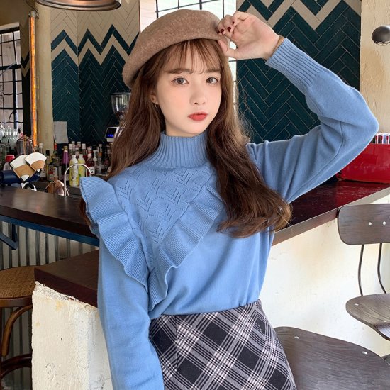 Turtleneck - 【取寄】ニット セーター レディース トップス お洒落 リブニット ビッグフリル デザイン ハイネック ニット セーター 大人可愛い 韓国 トレンド 秋冬新作 秋冬 秋色 秋服 秋冬sale ニット セーター