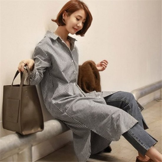 【取寄】シャツワンピース シャツワンピ レディース ストライプ柄 長袖 ロング シャツ ワンピース ワンピ 大きいサイズ 韓国 春新作 春 春色 春服 春sale ゆったり シャツワンピース シャツワンピ