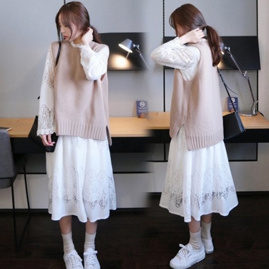 乐天商城 - 【取寄】ワンピース ロング 長袖 レイヤードワンピース 春夏新作 春服 春物 夏服 ニットベスト レース ワンピース ミモレ丈 ワンピース ロング 長袖 レイヤードワンピース 春夏新作 春服 春物 夏服
