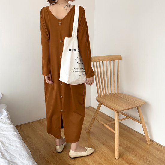 Rakuten - 【取寄】ロングワンピース ロングワンピ レディース バックボタン ロング丈 マキシ丈 ワンピース ラウンドネック 長袖 ワンピ 春新作 春 春色 春服 春sale ゆったり ロングワンピース ロングワンピ