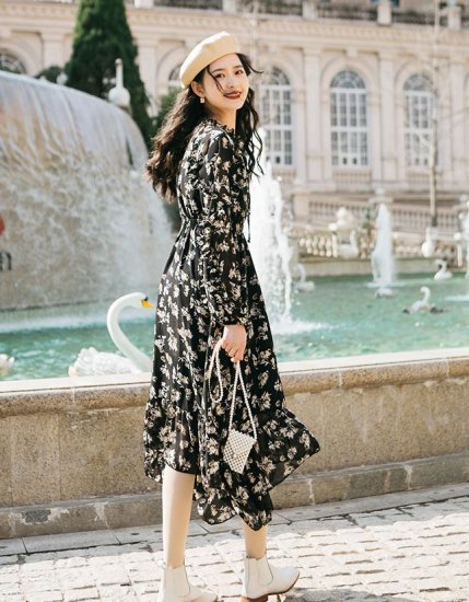 【取寄】シフォンワンピース シフォンワンピ レディース ハイネック 長袖 プリント シフォン シャツ ワンピース ミモレ丈 ワンピ 春新作 春 夏 春色 春服 春sale シフォンワンピース シフォンワンピ