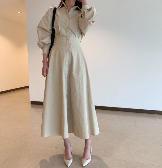 【取寄】ワンピース ロングワンピース 長袖ワンピース ゆったりサイズ 体形カバー レディース 春秋服 新作 フレンチ 大人 かわいい シンプル 無地 エレガント マキシ丈ワンピース 襟付き カジュアル 上品 きれいめ レトロ ボタン アプリコット ホワイト ブルー ワンサイズ