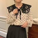 【取寄】ビッグカラーブラウス シャツ ビッグカラー レース 水色 ドット レディース 大人 春 夏 長袖 トップス プルオーバー ボリューム袖 きれいめ おしゃれ カジュアル かわいい 上品 ガーリー 個性的 大きいサイズ 体型カバー 透け感 薄手 ビッグ襟 韓国 白黒 バイカラー(4)