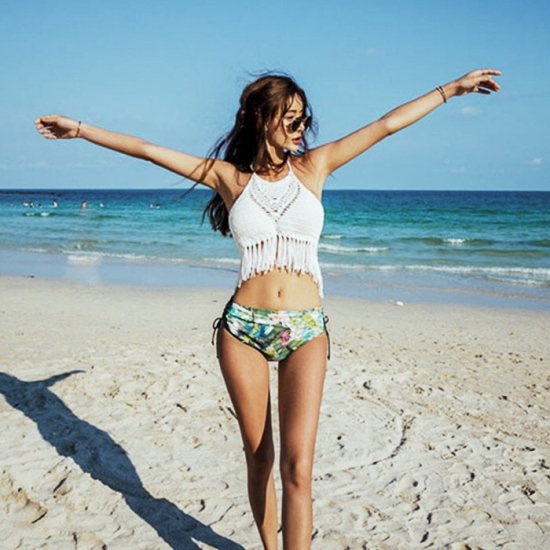 【取寄】水着 ビキニ レディース ビキニ レディース セクシー ホルターネック 水着 ビキニ ニット フリンジ ボヘミアン ボタニカル 夏 海 おしゃれ ビーチ プール 新作 タッセル カジュアル 大人