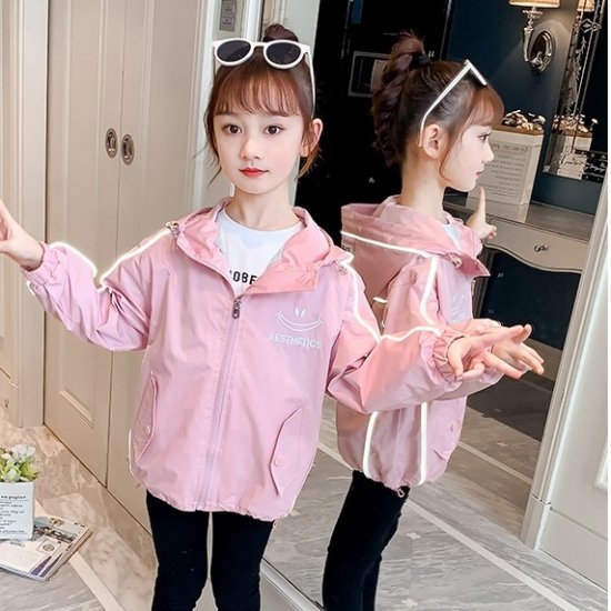 【取寄】ウィンドブレーカー ガールズ レディース 女の子 子供用 子供服 パーカー ジャケット アウター コート 春 秋 新作 長袖 カラバリ 2色 パープル ピンク フロントジッパー フード付き