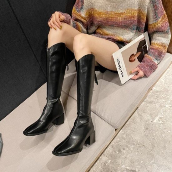 Rakuten - 【取寄】シューズ ブーツ レディース ロングブーツ 厚いヒール バックジッパー おしゃれ ブラック ブラウン カーキ PU ロング丈 膝下 スクエアトゥ 無地 ブーツ 大きいサイズ 春 秋 かわいい