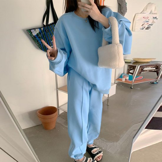【取寄】セットアップ ツーピース カジュアルスタイル トップス ボトムス 2点セット レディース スウェット プルオーバー ジャージ ライトブルー 水色 春 秋冬 新作 S M L XL ルームウェア