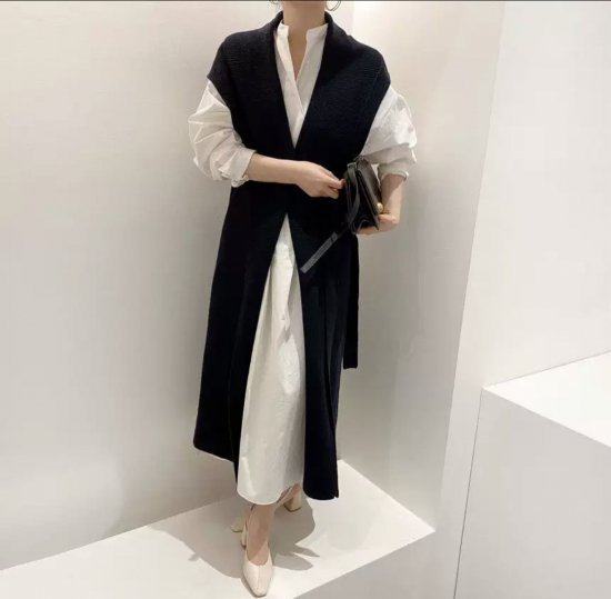 【取寄】ワンピース レディース 長袖 秋冬 春 シャツワンピース ロングワンピース きれいめ 大人 フォーマル オフィス ベスト ロングニットベスト 韓国風 オルチャン 通勤着 カジュアル