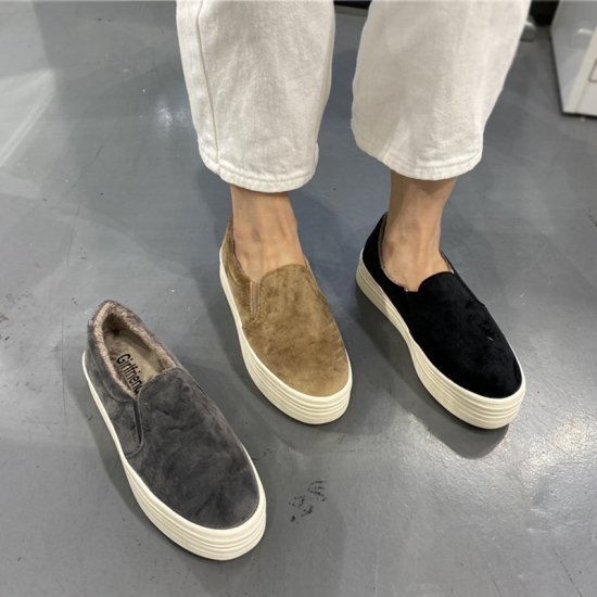 【取寄】スリッポン レディース カラバリ3色 ブラック グレー ベージュ 厚底 ファー フラット 靴 くつ スニーカー サイズ6展開 22.5-25cm カジュアルスタイル 春 秋冬 新作 ベルベット