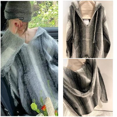 V-Neck - 【取寄】Vネックセーター レディース フード付き ルーズセーター 厚手 プルオーバー トップス ニット 体型カバー 長袖 長袖セーター レディーストップス 大きいサイズ ストライプ ボリューム袖 カジュアル