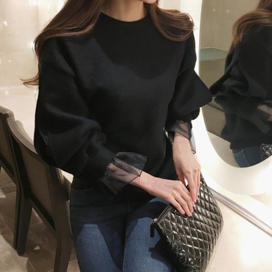 T-Shirts - 【取寄】カットソー 長袖 レディース トップス レース シースルー インナー チュールトップス シアートップス 無地 プルオーバー 長袖Tシャツ きれいめ スリム ロンT 韓国 秋 冬 秋冬 袖レース 透かし