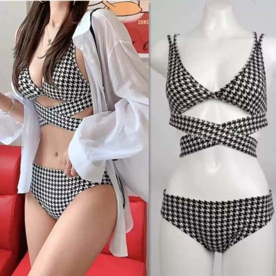 【取寄】ビキニ レディース水着 大きいサイズ 千鳥格子柄 バックリボン クロスリボン トレンド かわいい 女性用水着 レディースビキニ セクシー リゾート ビーチ プール 温泉 韓国 人気 三角ビキニ
