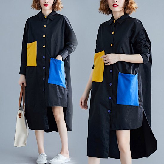 【取寄】シャツ レディース 無地 春 長袖シャツ ミドル丈 不規則 シャツ ゆったり ふんわり ポケット付..