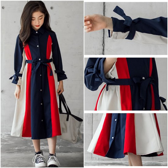 Rakuten - 【取寄】シャツワンピース 長袖 120cm-170cm 子供ワンピース 秋服 冬服 ロングワンピース リボン お洒落 ゆったり 大人可愛い 前開き ウエスタンスタイル ふんわりスカート 羽織 ロング おでかけ