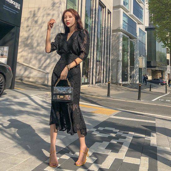 【取寄】ワンピース 秋 きれいめ レディース 五分袖 マーメイドワンピース タイトワンピース 大きいサイズ XL 黒 ブラック フォーマル 二次会 結婚式 お呼ばれ ドレス ハイウエスト パーティードレス 同窓会 タイト タイトドレス Vネック 透け感 おしゃれ マーメイド レース