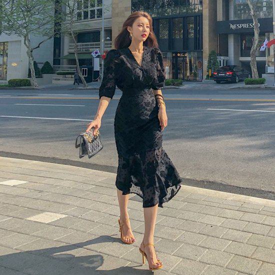 【取寄】ワンピース 秋 きれいめ レディース 五分袖 マーメイドワンピース タイトワンピース 大きいサイズ XL 黒 ブラック フォーマル 二次会 結婚式 お呼ばれ ドレス ハイウエスト パーティードレス 同窓会 タイト タイトドレス Vネック 透け感 おしゃれ マーメイド レース