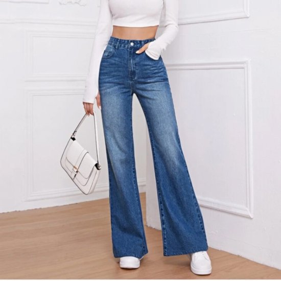 【取寄】ハイウエストジーンズ フレアジーンズ ワイドパンツ ダークブルー 大きいサイズ ワイドレッグ フレア レディース ハイウエスト デニム ジーンズ レディース 大きいサイズ フレアパンツ トレンド(4)