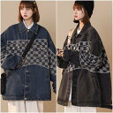 【取寄】長袖デニムジャケット 春服 チェック柄 ビッグシルエット 大きいサイズ 体型カバー レディースアウター Gジャン ストリート ドロップショルダー アウター レディースジャケット メンズライクコーデ