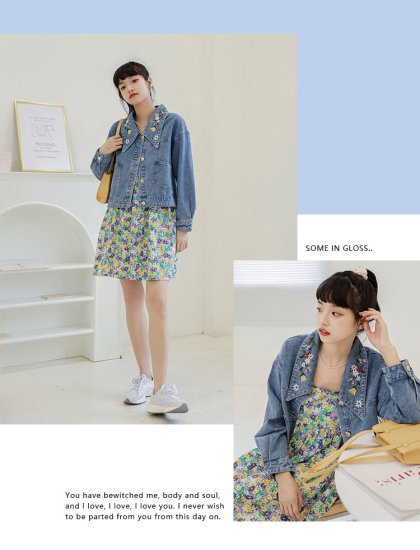 【取寄】デニムジャケット レディース カラバリ1色 ブルー デニム ジャケット 刺繍 花 フラワー ハートボタン 春 新作 ユニーク襟 カジュアルスタイル 学生 通学 シンプル サイズ3展開 S M L