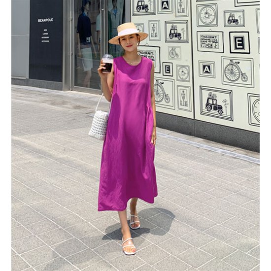 Rakuten - 【取寄】ノースリーブワンピース 夏服 スカート 無地 ミドル丈 Aライン レディースワンピース タンクトップ ミドル丈 カジュアル ルーズ ゆったり 大きいサイズ 体型カバー プルオーバー ラウンドネック