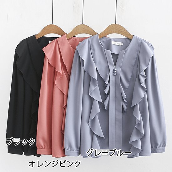 【取寄】シフォンブラウス トップス レディース フェミニン シフォン シャツ ブラウス 長袖 Vネック きれいめ レディース ゆったり オフィス 入卒園式 フォーマル 大きいサイズ 体型カバー 春夏