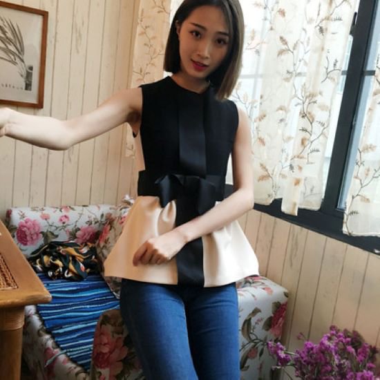 【取寄】リボントップス バイカラー フリル ベスト ジレ 丸襟 通勤 リボン 大きいサイズ XL モード 韓..