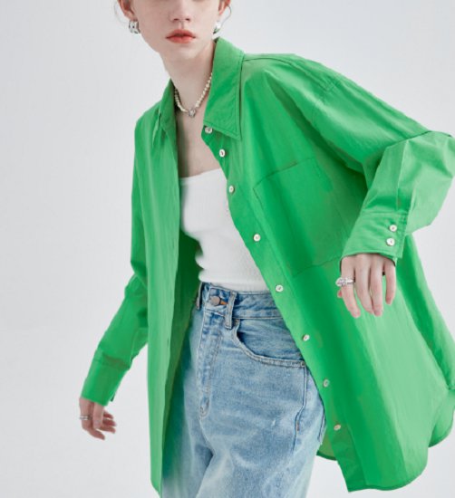 Long-Sleeved - 【取寄】シャツ 夏新作 レディース ブラウス 春夏 韓国 大きいサイズ シャツブラウス 長袖 グリーンシャツ カジュアル 体型カバー 30代 カラーシャツ シンプル 無地 シャツ 夏新作 レディース ブラウス