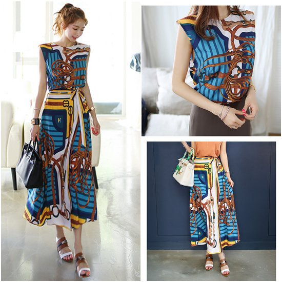 【取寄】上下セットアップ 大きいサイズ XL ワンピース風 ロングスカート ノースリーブ ツーピース 総柄 スカーフ柄 大人可愛い お洒落 個性的 リゾート ウエストリボン カジュアル 上下セット 楽ちん