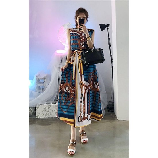 【取寄】上下セットアップ 大きいサイズ XL ワンピース風 ロングスカート ノースリーブ ツーピース 総柄 スカーフ柄 大人可愛い お洒落 個性的 リゾート ウエストリボン カジュアル 上下セット 楽ちん