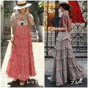 【取寄】ワンピース ロング丈 サスペンダースカート ティアードスカート チェック柄 フリル レディース 無地 体型カバー 夏 大きいサイズ ゆったり 春 清楚 カジュアル 大人スタイル スプリングウェア