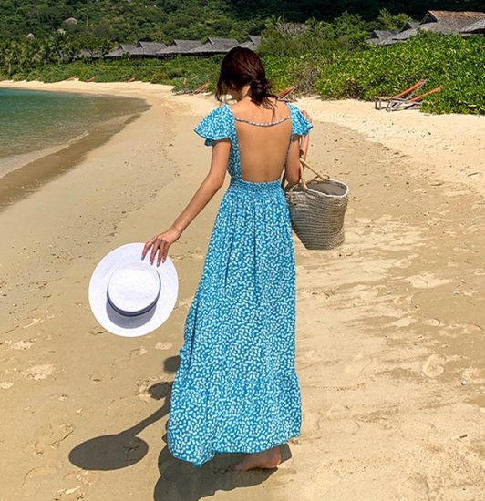 【取寄】ワンピース シフォンワンピース レディース Vネック 花柄 半袖 リゾート リラックス ビーチ バックオープン フレアワンピース 大きいサイズ カジュアル かわいい 大人 デート スリット