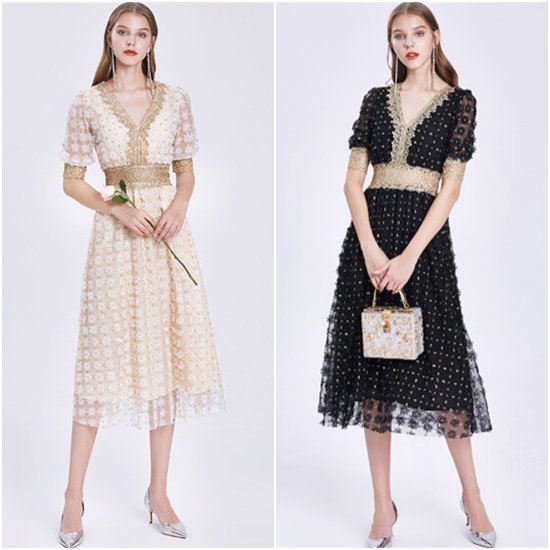 Rakuten - 【取寄】演奏会ドレス 結婚式ドレス 大きいサイズ XL 2XL ハイウエスト Vネック Aラインスカート お呼ばれ フォーマル 半袖 ロングスカート シースルー 体型カバー フェミニン 花柄ドレス 刺繍