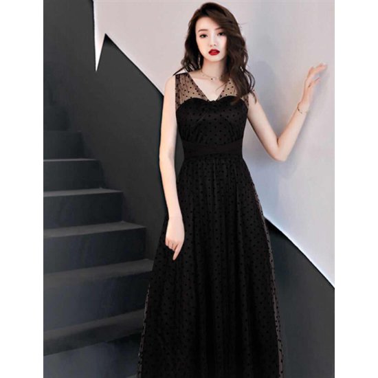 【取寄】演奏会ドレス ロングドレス 大きいサイズ XL エレガント スリムフィット Vネック ドット イブニングドレス お呼ばれ パーティードレス シースルー ウエストリボン Aラインスカート フレア