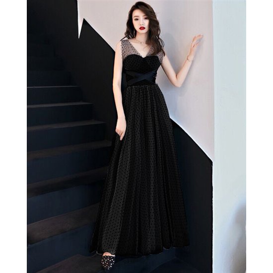 【取寄】演奏会ドレス ロングドレス 大きいサイズ XL エレガント スリムフィット Vネック ドット イブニングドレス お呼ばれ パーティードレス シースルー ウエストリボン Aラインスカート フレア