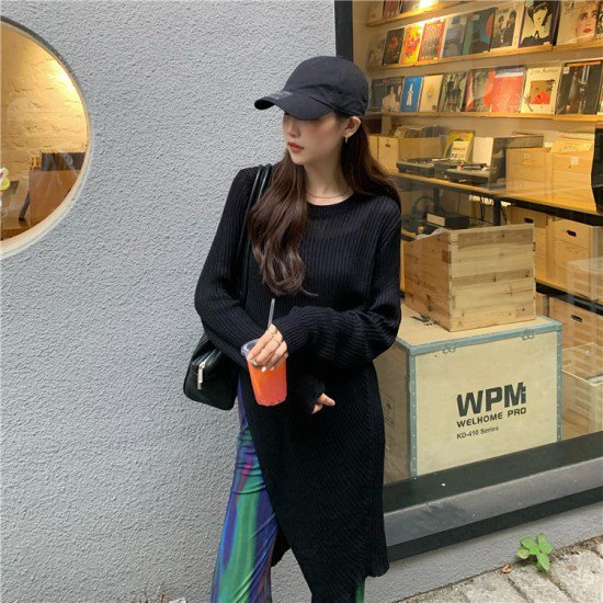 【取寄】ニット ロング セーター レディース 韓国 ファッション すけ感 シアートップス ロングチュニック アシンメトリー スリット 無地 白黒 ロング セーター レディース ニット シアー シースルー 春秋(4.0)