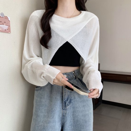 【取寄】ニット カーディガン ショート丈 プルオーバー 長袖 レディース 韓国 ファッション すけ感 シアー 白黒グレー ショートトップス ビスコース 長袖レイヤード 日焼け防止 腕カバー おしゃれ 薄手