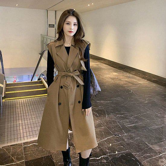 【取寄】トレンチベスト トレンチコート ロングコート 大きいサイズ ゆったりサイズ 体形カバー レディース 春秋服 新作 カジュアルコート ベスト アウター ロングベスト 20代 30代 40代 シンプル 無地 リボン 大人可愛い 軽量 オルチャン お出かけ 上品 ブラウン M L XL 2XL