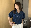 【取寄】デニムジャケット 半袖 ジャケット デニム Gジャンジージャン 羽織 アウター ライトアウター 春 夏 秋 シンプル カジュアル かわいい ショート丈 きれいめ パフスリーブ 薄手5分袖(4)