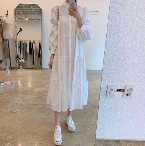 【取寄】シャツワンピース パフスリーブスタンドカラー デザインシャツワンピース 長袖 無地 レディース フレア ティアードワンピース ティアード シンプル ロング丈 ロングワンピース カジュアル かわいい 【取寄】シャツワンピース パフスリーブスタンドカラー デザインシャツワンピース 長袖 無地 レディース フレア ティアードワンピース ティアード シンプル ロング丈 ロングワンピース カジュアル かわいい
