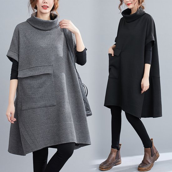 【取寄】ミドル丈ワンピース レディース 半袖ワンピース 膝丈ワンピース ポケット ハイネック シンプル 無地 プルオーバー カジュアル お出掛け おしゃれ ルーズ ゆったり 体型カバー ミドル丈ワンピース