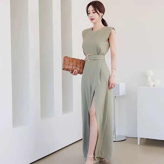 Rakuten - 【取寄】結婚式ドレス パンツドレス ワイドレッグ ジャンプスーツ ノースリーブ ベルト付き ラウンドネック シック シンプル 発表会 演奏会 レディース 結婚式 ステージ衣装 ロング丈 カラードレス