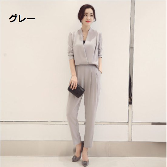 【取寄】セットアップ レディース ジャンプスーツ 長袖 春秋 きれいめ エレガント フォーマル オフィス Vネック 大きいサイズ ロングパンツ ブラック グレー ネイビー おしゃれ おでかけ セットアップ