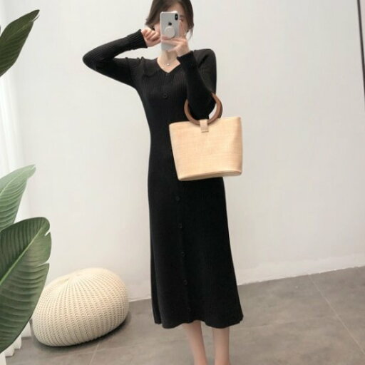 【取寄】ニットワンピース レディース ロングワンピース Vネック ワンピース シンプル 無地 ボタン 長袖 スリムフィット タイトワンピース 黒 ブラック カジュアル お出掛け おしゃれ リブニット 【取寄】ニットワンピース レディース ロングワンピース Vネック ワンピース シンプル 無地 ボタン 長袖 スリムフィット タイトワンピース 黒 ブラック カジュアル お出掛け おしゃれ リブニット