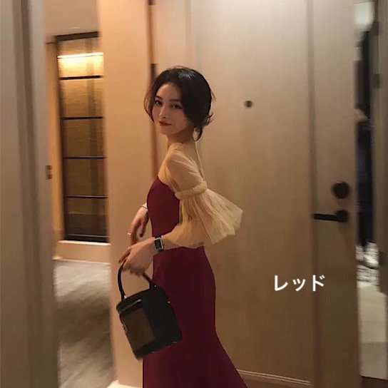 【取寄】結婚式ドレス 軽やか メッシュ シースルー スリム フィッシュテールスカート スクエアネック 発表会 演奏会 レディース 結婚式 ステージ衣装 ミモレ丈 エレガント ウエディングドレス カラードレス