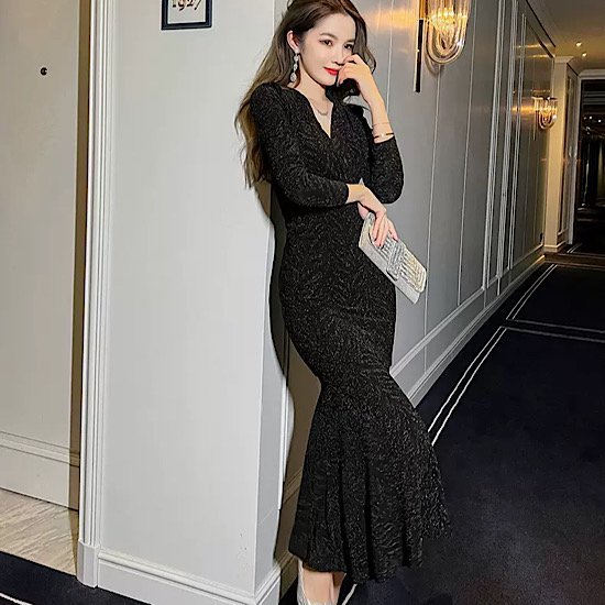 【取寄】結婚式ドレス 深Vネック セクシー マーメイド スレンダー スタイルアップ 発表会 演奏会 レディース タイト 結婚式 ステージ衣装 ロング丈 エレガント ウエディングドレス カラードレス